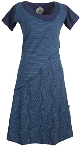 Vishes - Alternative Bekleidung - Damen Kurzarm Lagenlook Kleid Hippie Streifen Punkte Muster dunkelblau 40-42
