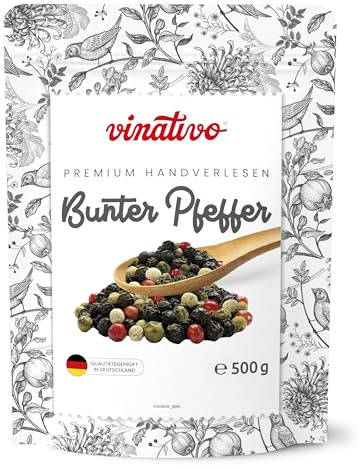 vinativo Bunter Pfeffer – ganz – 500g – Premium Qualität – Pfefferkörner von schwarzem, weißem, grünem Pfeffer und rote Beeren – für die Mühle geeignet