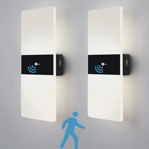 VOMI 2 Stück Wandleuchte mit Bewegungsmelder Innen Akku Ohne Strom für Flur | LED 6000K USB Aufladbar 4000mAh Batterie Magnetische Acryl Lampenschirm 2 Modi Wandlampe ohne Stromanschluss für Treppen