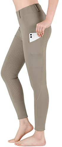 beroy Reithose Kinder mädchen Silikon Vollbesatz Reitleggings Mädchen Elastischer mit Gürtelschlaufen und Seitentaschen Khaki XS