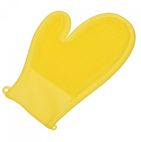 sourcing map Dishwashing Gloves with Scrubber Silicone Cleaning Gloves Double Sided Brush for Washing Kitchen Bathroom, Yellow