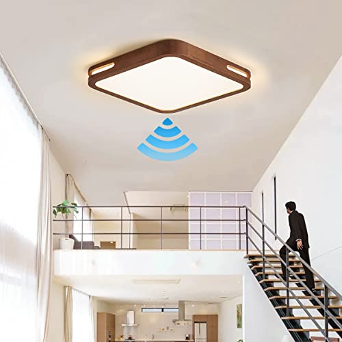 TRUYOK LED Deckenlampe mit Bewegungsmelder Innen Holz Deckenleuchte Sensor Einstellbar Modern Deckenbeleuchtung Warmweiß Lampe Quadrat Sensorlampe für Flur, Treppe, Veranda, Balkon 30cm 18W