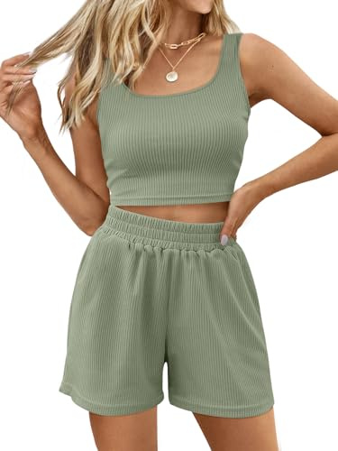 Trendy Queen Spring Clothes 2026 Fashion Vacation Cruise Outfits Womens 2 Piece Sets Two Piece Summer Lounge Matching Crop Top High Waisted Short Green S