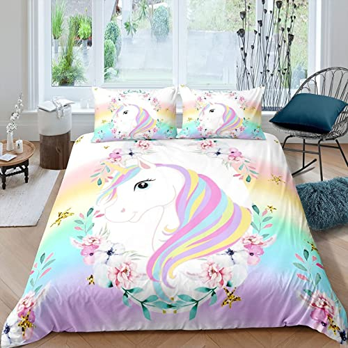 TAKOLI Bettwäsche 155 x 220 Einhorn, Weiche Microfaser Bunte Blume Dekoration Pferd Bettwäsche Set 3 teilig - Kind Teenager Weiblich Bettbezug & 2 Kissenbezüge 80x80, mit Reißverschluss