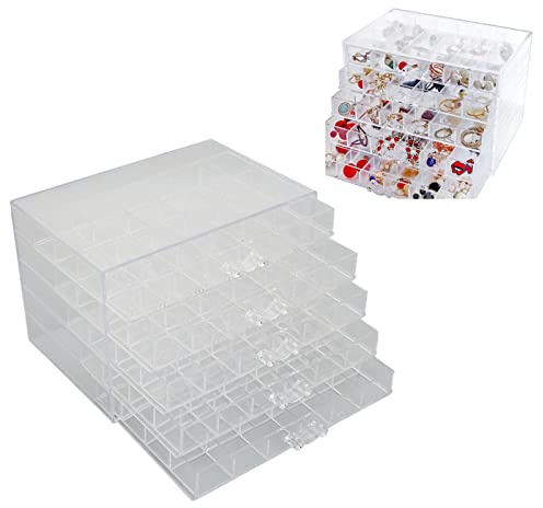 Hapivida Acryl Schmuck Aufbewahrungsbox, Transparente 5-Schubladen Schmuckkästchen mit 120 Fächern für Ohrringe, Ringe und Halsketten, Organizer für Make-up und Kosmetik, Hochwertiges Acrylmaterial