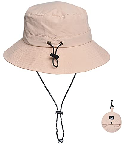 WANYI Unisex Fischerhut Heren Sommer mit Schnur Abnehmbar Sonnenhut Damen Faltbar UV Schutz Sommerhut Anglerhut Wasserdicht Tragbar Bucket Hat Regenhut 55-58cm (Beige)