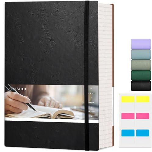 EMSHOI Notizbuch, A4, 400 Seiten, 100 g/m², dick, liniert, großes liniertes Tagebuch, veganes Leder, Softcover, tägliches Notizbuch für Damen, Herren, Arbeit, Schule, Büro, Schreiben, Haftnotizen
