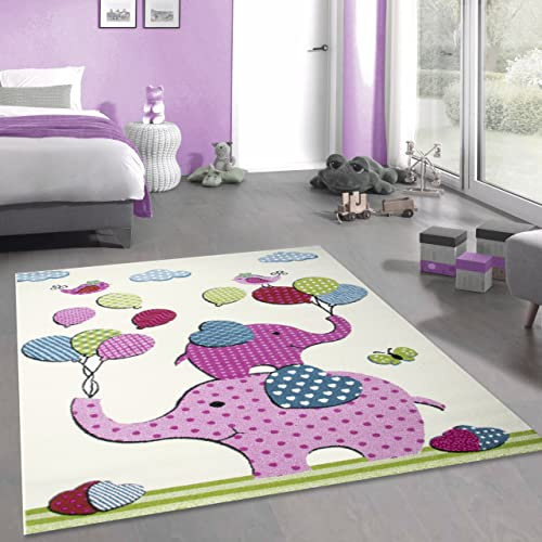 CARPETIA Süßer Kinder-Teppich mit Elefanten & Luftballons | in Creme rosa, 200 x 290 cm