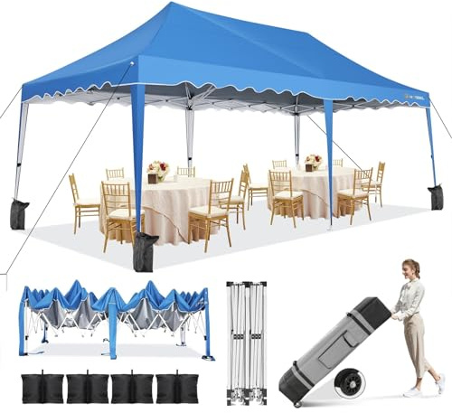 HOTEEL Pavillon 3x6 Partyzelt 3x6 Wasserdicht Stabil, Faltpavillon Faltbar Anti-Uv 50+ Pop Up Gartenpavillon mit 4 Sandsäcke, Tasche mit Rollen, für Hochzeiten Partys Picknick Markt, Blau