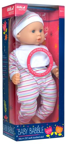 DOLLSWORLD av Peterkin, babydocka 38 cm (15 tum), lyxig mjuk docka med 16 riktiga babyljud! Med sovande ögon, lyxig outfit och napp, dockor och tillbehör, ålder 18 m