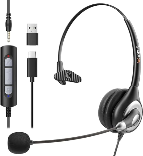Wantek USB Headset with Microphone for PC Wired Headphones - USB C 3.5mm Headsets with Noise Cancelling Microphone for Laptop - Type-C Computer Headphones with Inline Volume Control & Mute