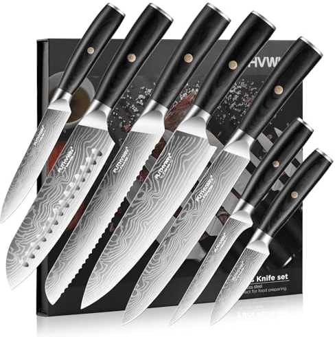 Set Coltelli da Cucina Ultra Affilati coltello da cucina 7 Pezzi coltelli da cucina Set di Coltelli Professionali in Acciaio al Carbonio di Alta Qualità, con Manico Ergonomico e Scatola Regalo