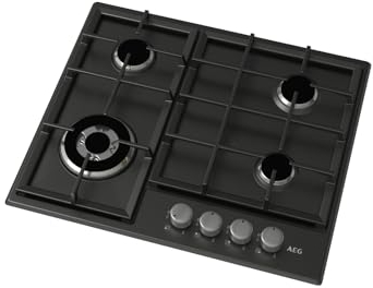 AEG 3000 Gas Hob 60cm, 4 Cooking Zones HGX64200SB, Iron Grid Pan Supports, Speed Burners, Integrated ignition, Automatic Gas Shut-off, Quick Heat Up, Less Energy Consumption, 594x510mm, Black