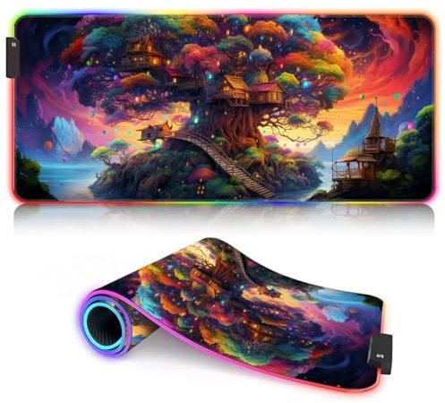 Tapis de Clavier pour Souris Laser/Optique Nature Fantasy Treehouse LED XL Tapis de Clavier étendu ROG Grand Tapis de Souris de Jeu (80x30x0,3) cm Gamer, Bureau