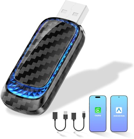 Bunog Wireless CarPlay Adapter & Wireless Android Auto Adapter – 2-in-1 Mini Adapter für werkseitig verkabelte CarPlay- und Android Auto-Autos, mehrfarbiges Umgebungslicht, Verlängerungskabel USB C/A