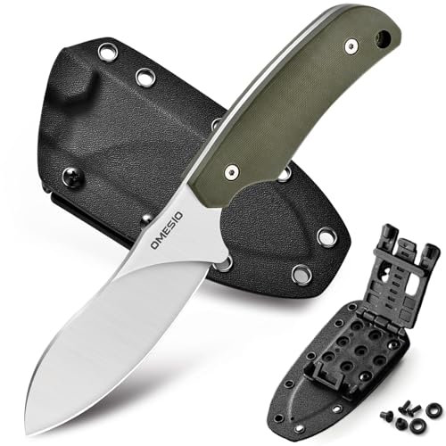 Omesio Couteau de chasse avec gaine Kydex, lame fixe pleine soie de 22,5 cm, poignée G10 antidérapante, couteau de survie Nessmuk D2 en acier, cadeau pour camping en plein air