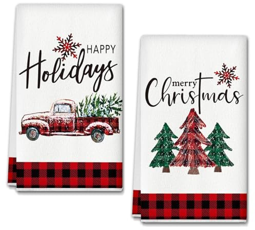 LUYANFX 2er Set LKW-Weihnachtsbäume Geschirrtücher Weihnachten Küchenhandtücher Geschirrtücher Baumwolle, Saisonale Merry Christmas Trockentuch - strapazierfähig, saugkräftig, 18 x 26 Inch