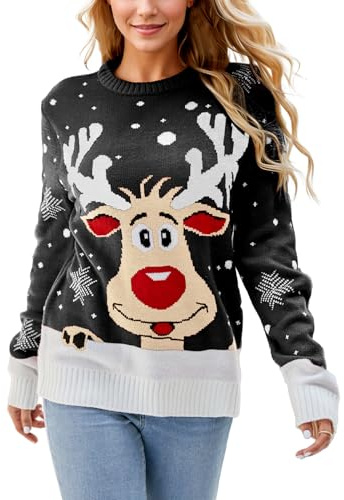 Sertas Pull de Noël pour femme - Ugly Christmas Sweater - Pull de Noël drôle - Motif éléphant - Col rond - Pull de Noël décontracté pour femme, Noir , M