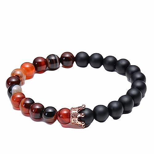 Tolldek 8mm Bernstein Armband, Krone Anhänger Damen & Herren Armbänder, Echten Natursteinen Freundschaftsarmbänder Tolles Geschenk für Frauen, 19CM, Schwarz Braun