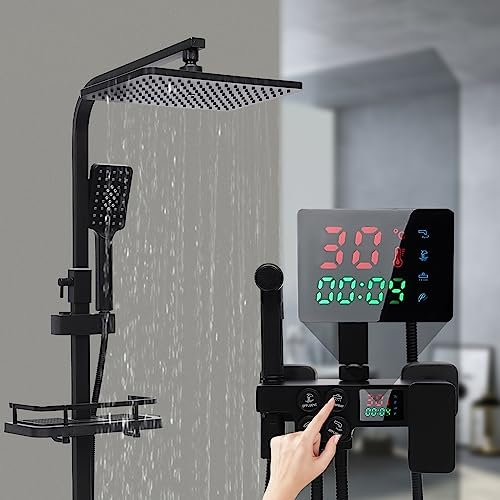 KiwiHood Regenduschsystem Wandmontiertes Badezimmerduschsystem aus Edelstahl mit 11 Regenduschkopf und Griffgarnitur, Duscharmaturenset mit LED-Digitalanzeige, Körperdüsen (Schwarz)