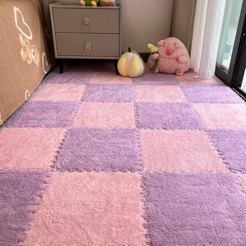 12 Stück ineinandergreifende Plüschschaum-Teppichfliesen, weich, zottelig, flauschig, Boden-Teppiche mit Polsterung, bunte Bodenschutzmatten für Zuhause, Kinderzimmer, Spielzimmer (Rosa und Lila, 30 x