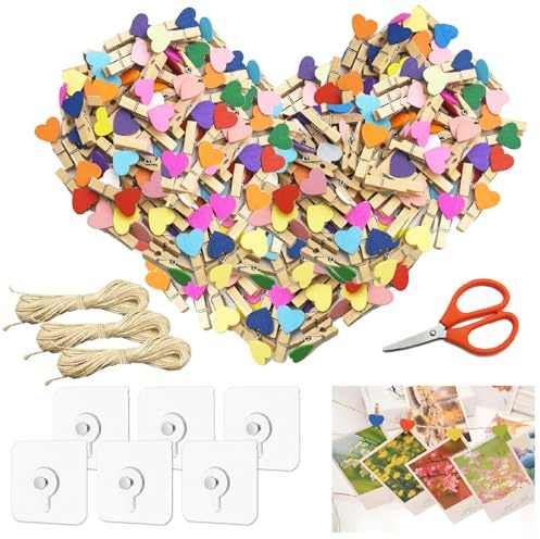 100 Stück Herz Holzklammern Klein, Bunte Wäscheklammern Holz | Mini Wäscheklammern mit 30m Juteschnur Schere 6 Selbstklebende Haken, 3.5cm Kleine Klammern Fotos Lebensmittelversiegelung