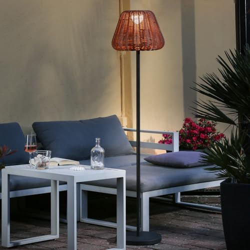 MARELIDA LED Garten Stehlampe in Korboptik Outdoor Akku Stehleuchte in Rattanoptik für Garten Terrasse Balkon Außen kabellos dimmbar aufladbar per USB (Stehlampe - hellbraun)