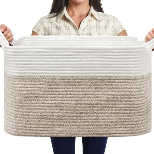 MOLMO Large Woven Storage Basket, 65L Laundry Hamper for Washing, Cotton Rope Bin for Dirty Clothes, Toy Organizer for Kids, Blanket Basket for Living Room(White&Brown)