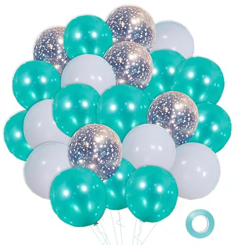 Gleemix 50 Stück Luftballons Türkis Metallic Helium, 10 Zoll Grün Schleierkraut und Weiß Latex Luftballons, für Kinder Geburtstag Dekoration Hochzeit Babyparty Party Kommunion Dschungel Dinosaurier