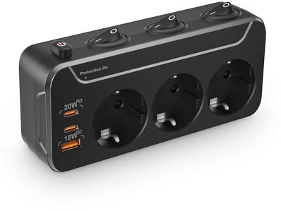 Ladron Enchufes con Interruptor Individuale,Regleta USB Carga Rápida PD20W | Regleta 3 Tomas Proteccion Sobretension,Triple Enchufe Giratorio Vertical Horizontal,Multiplicador Adaptador Tomadas,Negro