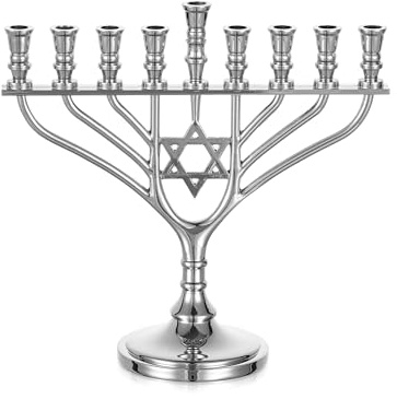 Sziqiqi Hanukkah Menorah Chanukka Leuchter: 9 Armig Hanukkah Kerzenständer 19 cm mit Davidstern für Chanukka Kerzen - Chanukkia Silber Menorah Kerzenleuchter Klein für Tisch Kamin Fensterbank