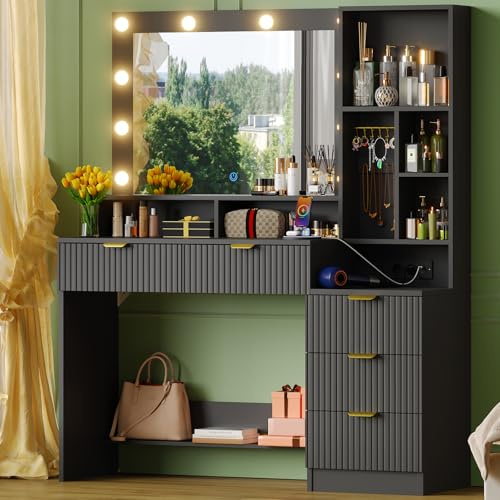 Devoko Schminktisch mit LED Beleuchtung und Spiegel,Frisiertisch mit Steckdosen und 5 Schubladen,6 Schmuckhaken und Offenen Ablagen, Vanity Desk für das Schlafzimmer (Schwarz)