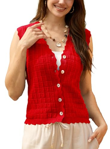 AceNest Button Down Sweaters Sleeveless Cardigan Ribbed Knit Tank Top Vest Red L