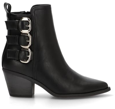 Etika Botines de Tacón Ancho para Mujer, Botín de Estilo Motero con Tres Hebillas Decorativas, Cierre de Cremallera y Tacón de 6,5cm, Modelo 110548 Negro - 38