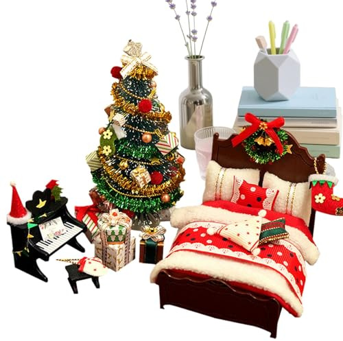 Puppenhaus Weihnachtsdekorationen Set - Weihnachten Miniaturhaus mit Möbeln, Handgefertigte Bastelsets | Feiertags-Ornamente für Familien mit Kindern Feiertage Geschenk Schenken