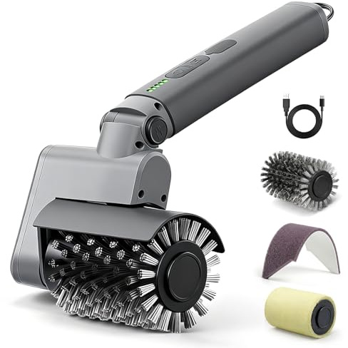 Lenzhan Electric Grill Brush 3-in-1 Kit – Cordless BBQ Cleaner with Reinforced Safe Metal Bristles – 2 Hours Runtime, Waterproof & Dishwasher Safe Removable Brushes for Deep Cleaning (Light Gray)