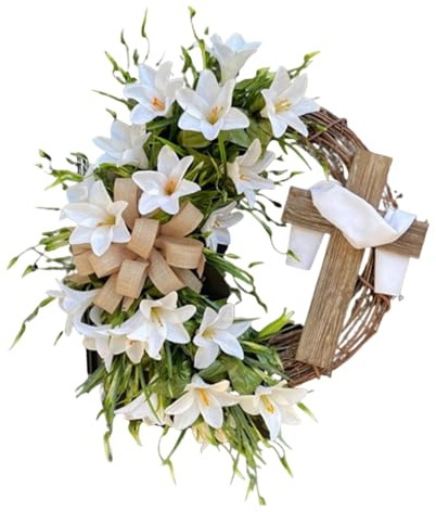 Weiße Lilien Kreuz Wanddekoration, 40cm Osterkränze Für Die Haustür, Künstlicher FrühlingsdekoKranz Für Haustür Wohnzimmer Hochzeit Garten Fenster Wand Dekoration