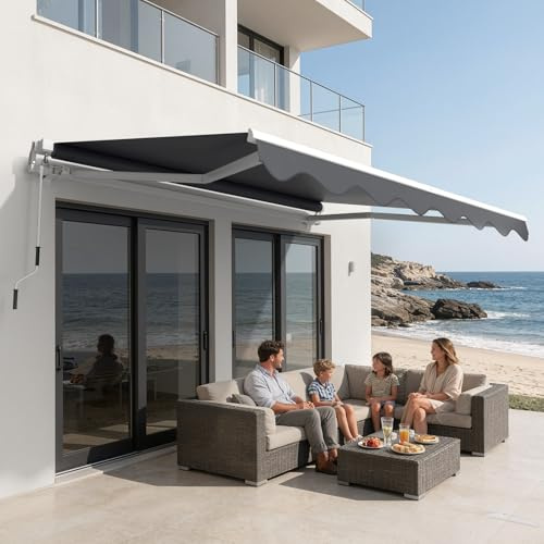WoRaum Klemmmarkise Balkon – Markise mit 280g/m² PU-beschichtetem Polyester, Ausklappbarer Gelenkarm aus Aluminium, Inkl. Montagematerial (Dunkelgrau,300x250cm)
