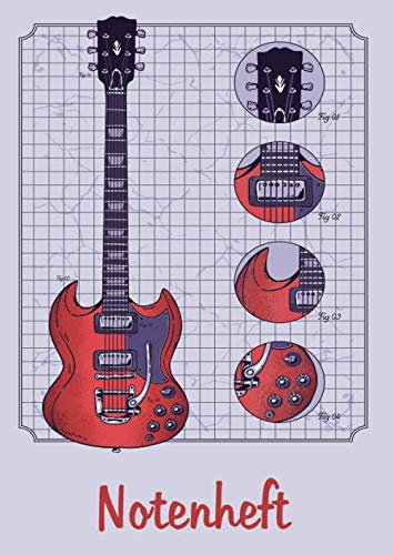 NOTENHEFT: DIN A4 für Anfänger und Fortgeschrittene / Blanko NotenBlock / Leere Notenzeilen / Notensystem / für die Schule / Komponist / Design : E Gitarre Details