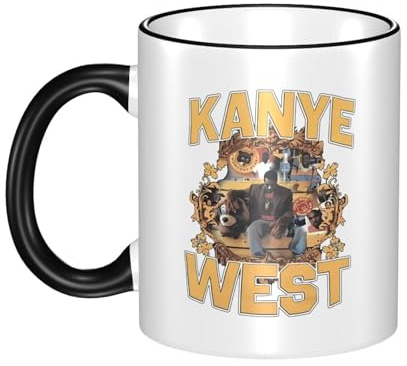 CMBNRWLXC Unisex Kanye Rapper West Randfarben-Keramiktasse Bereichsdruck-Design Kaffeetasse Bogenförmiger Henkel Hitzebeständig Praktisch Für Familie/Büro 330ML Schwarz Einheitsgröße