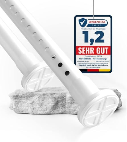 MEISENBERG Multifunktionale Spannstange ohne Bohren 360-410cm, Weiß, Ø32mm | Werkzeuglose Montage, Rostfrei & Rutschfest - Klemmstange für Fenster, Tür, Bad, Dusche, Schrank, Balkon, Trennwand