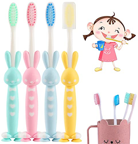 4 Brosses à Dents Lapin de Dessin Animé pour Enfants 3-6 Ans, Poils Doux et Extra Fins