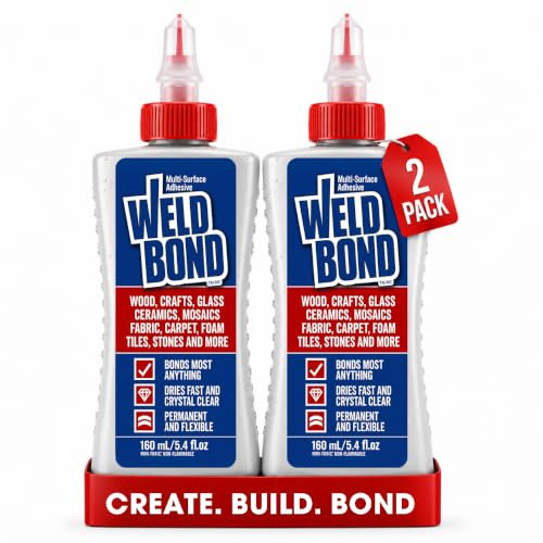 Weldbond multi-yta, giftfritt självhäftande lim, binder det mest. Trälim eller för hantverk tyg glasmosaik matta keramisk kakel metallsten och mer. Torkar kristallklar 153 g/160 ml - 2-pack
