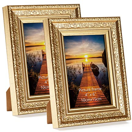 HORLIMER Cadre Photo 10x15 cm Lot de 2, Cadre Photo Vintage avec Verre Véritable à Poser ou à Suspendre pour Salon, Chambre, Bureau et Salle de Séjour