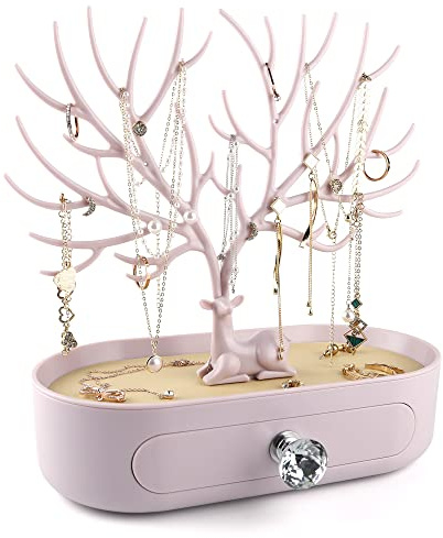 Joyero de cuernos con cajón, mango de cristal y organizador de piel sintética para anillos, aretes, collares y pulseras