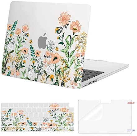 MOSISO Hülle Kompatibel mit MacBook Air 13,6 Zoll 2024 2023 2022 M3 A3113 A2681 M2 Liquid Retina Display Touch ID, Plastik Wilde Blumen Hartschale Case&Tastaturabdeckung&Bildschirmschutz, Transparent