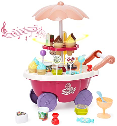 Ice Cream Toys Kids Play House 36PCS Candy Cart with Candy Lollipop Chocolate Large Storage Music Rrotatable Pretend Play Early Educational Toy Gift for Toddler Boys Girls 3+ Years Old