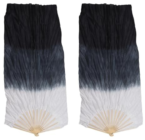 Éventail de Danse Long, Voiles Chinois Faits à la Main, éventails Longs en Soie, éventail en Soie pour L'apprentissage de la Danse du Ventre (Gris et Noir)