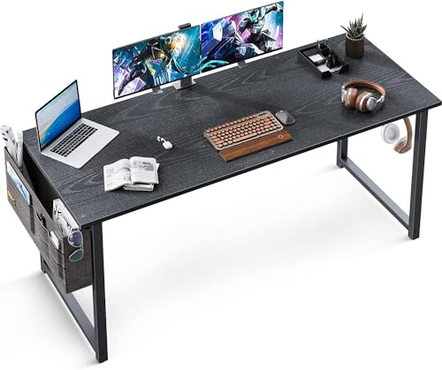 ODK Schreibtisch, 138x50x73.5cm Computertisch Bürotisch mit Kopfhörer Halter und Aufbewahrungstasche, Schreibtisch Schwarz Arbeitszimmer Holz PC Tisch Officetisch für Home, Office