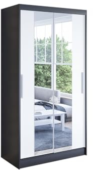 Easy4You K2 100 cm Schwarz/Weiß Schiebetüren Kleiderschrank 100x200x58 cm mit Spiegel - Schlafzimmermöbel, Aufbewahrung - Mehrzweckschrank